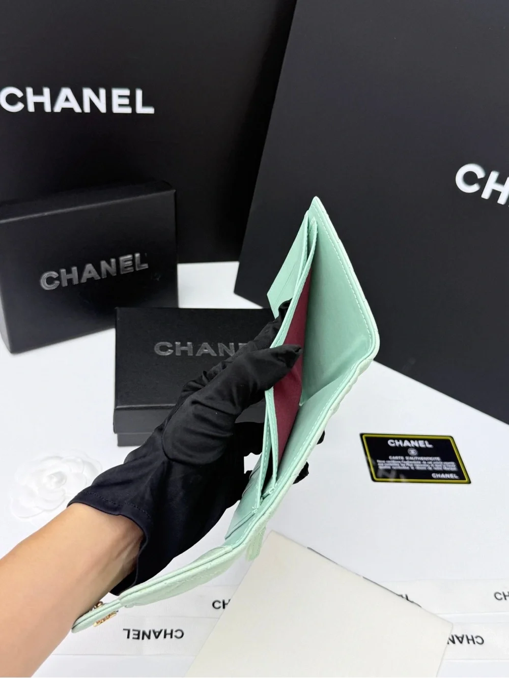 CHANEL Mint Quilted Caviar Leather Wallet with Gold CC